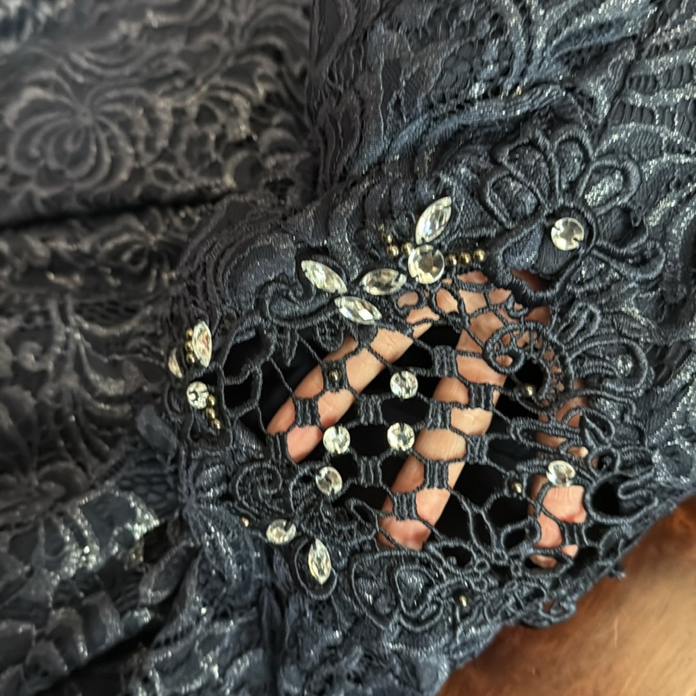 ❤️ City StudioNavy Blue Lace Rhinestone Crochet Cutout Sleeveless Dress 5 - Picture 8 of 8